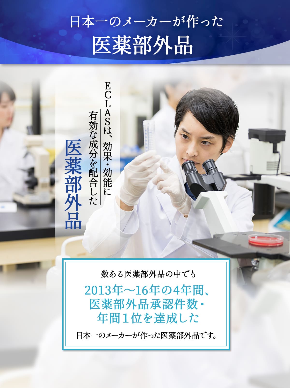 日本一のメーカーが作った医薬部外品。
		ECLAS（エクラス）は、効果・効能に有効な成分を配合した医薬部外品。
		数ある医薬部外品の中でも2013年～16年の4年間、医薬部外品承認件数・年間1位を達成した日本一のメーカーが作った医薬部外品です。